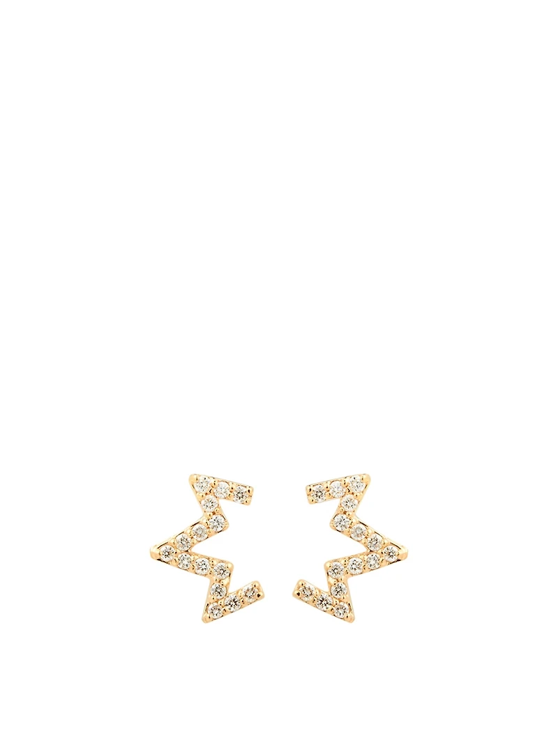 Aztec 14K Gold Starburst Zig Zag Stud Earrings With Diamonds