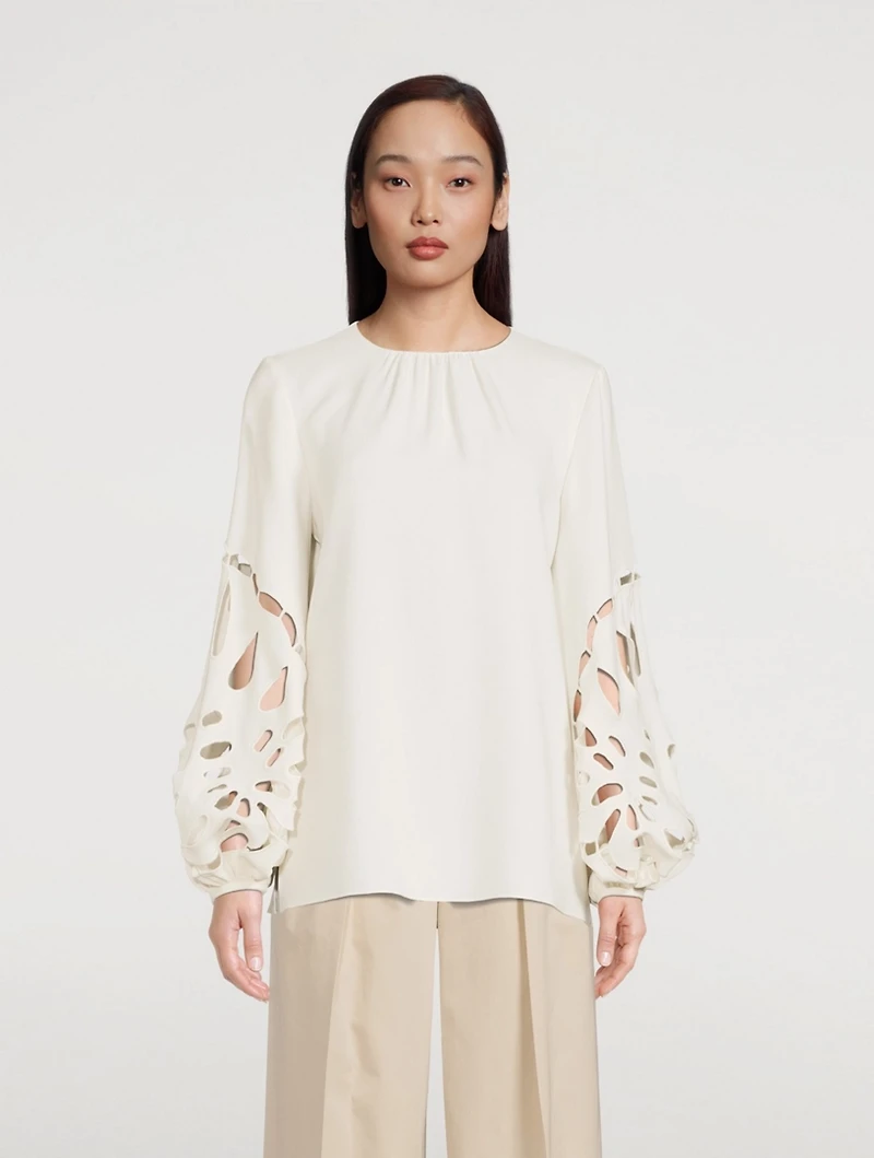 Palm Leaf Balloon-Sleeve Blouse
