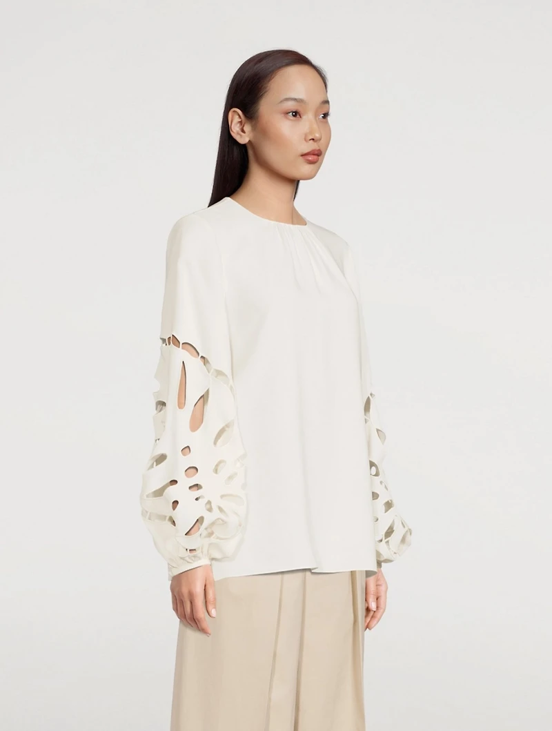 Palm Leaf Balloon-Sleeve Blouse
