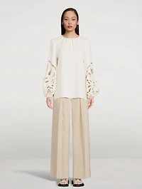 Palm Leaf Balloon-Sleeve Blouse