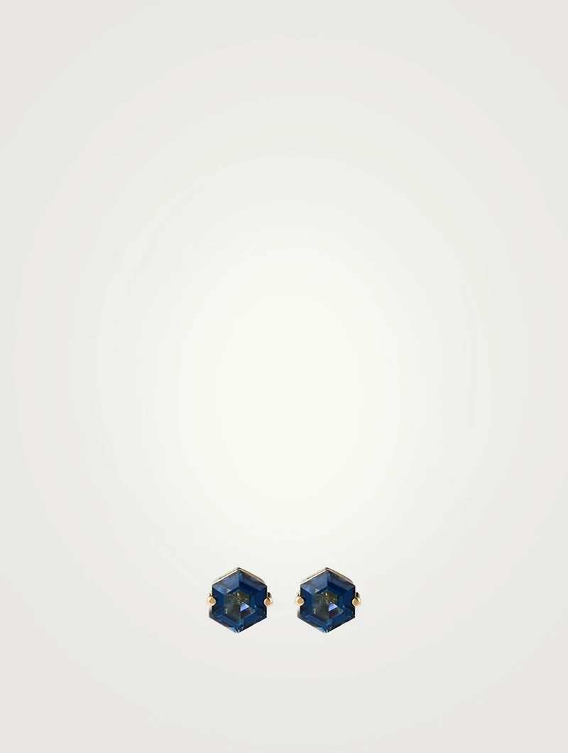 Bloom 14K Gold Hexagon Stud Earrings With Blue Topaz