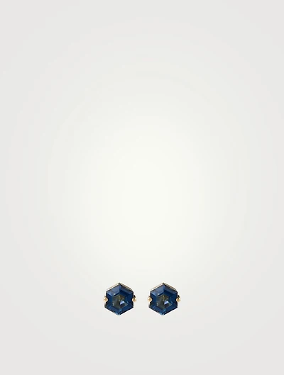 Bloom 14K Gold Hexagon Stud Earrings With Blue Topaz