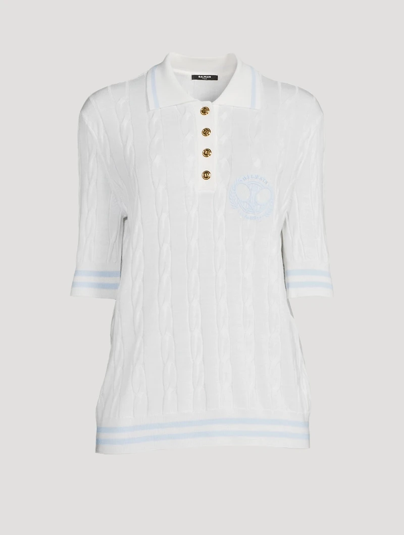 Oversized Cable Knit Polo Shirt With Patch