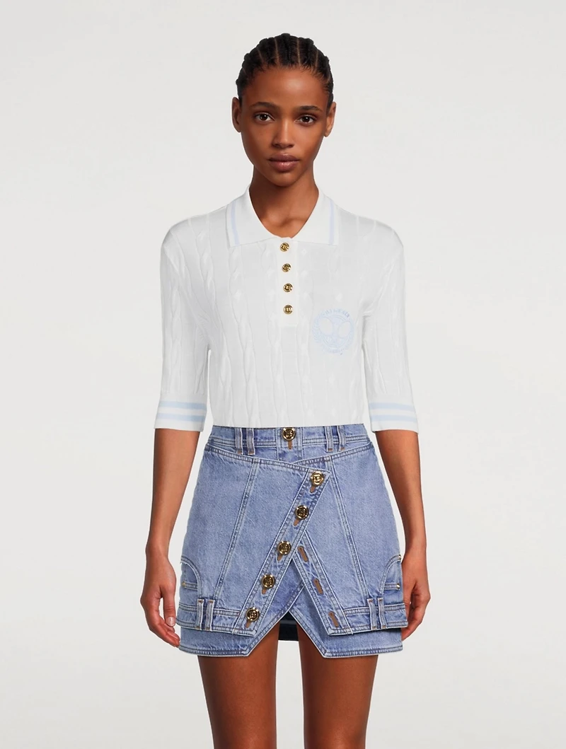 Oversized Cable Knit Polo Shirt With Patch