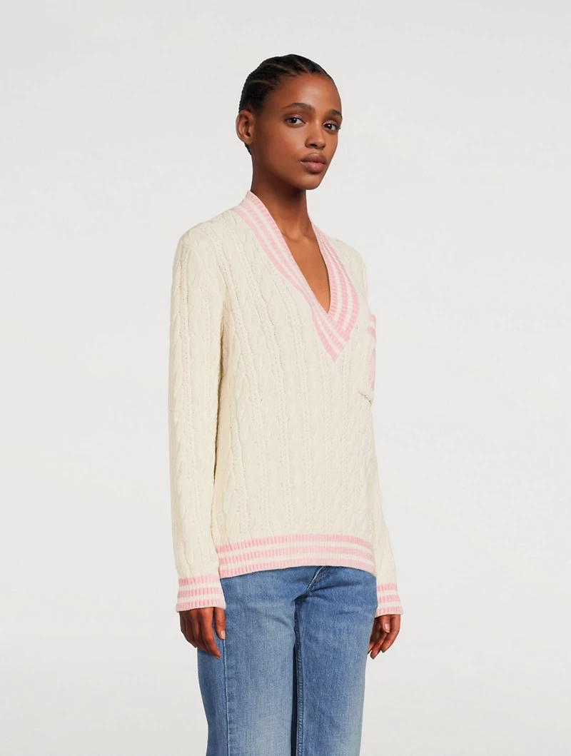 Wool-Blend Cable Knit Sweater With Patch