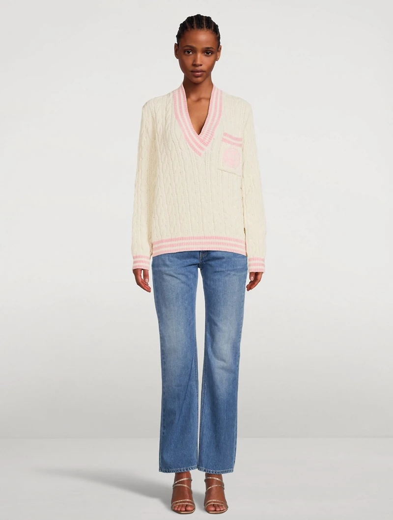 Wool-Blend Cable Knit Sweater With Patch