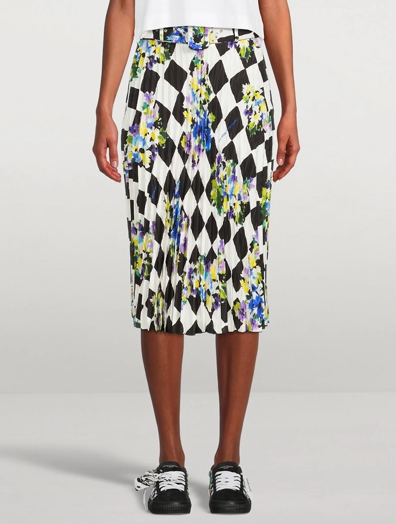 Check Pleated Midi Skirt With Belt