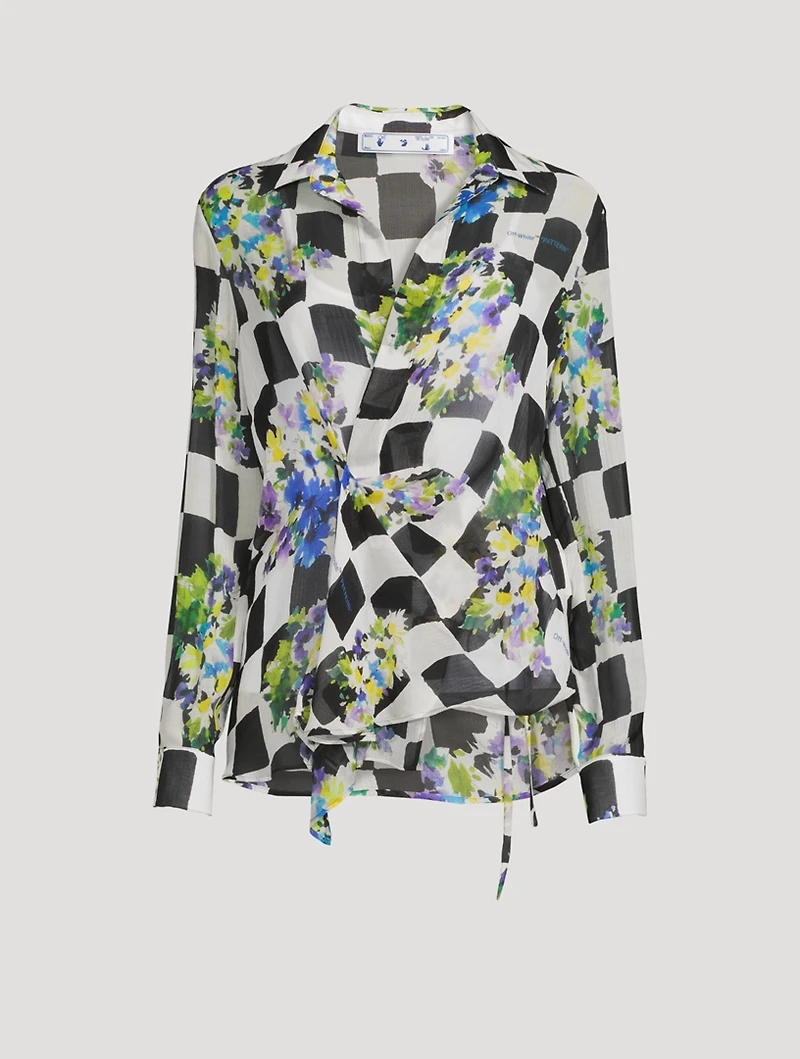 Silk-Blend Wrap Blouse Check Print