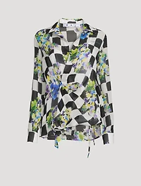 Silk-Blend Wrap Blouse Check Print
