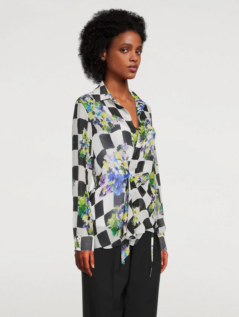 Silk-Blend Wrap Blouse Check Print
