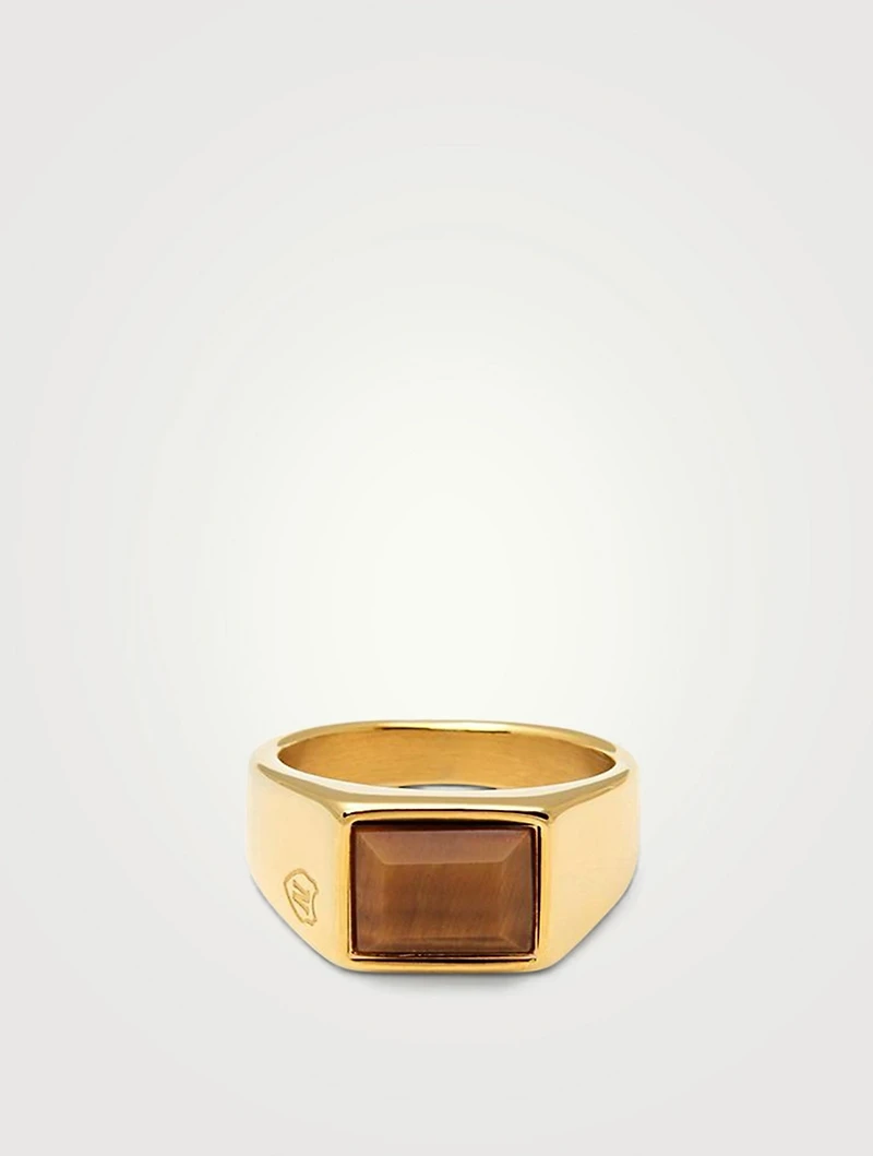18K Gold Plated Square Signet Ring With Brown Tiger Eye