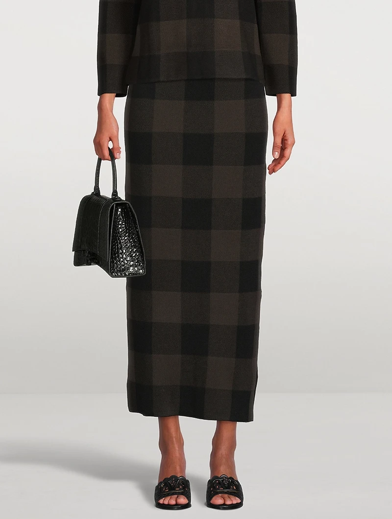 Stretch Virgin Wool Pencil Skirt Checkerboard Print
