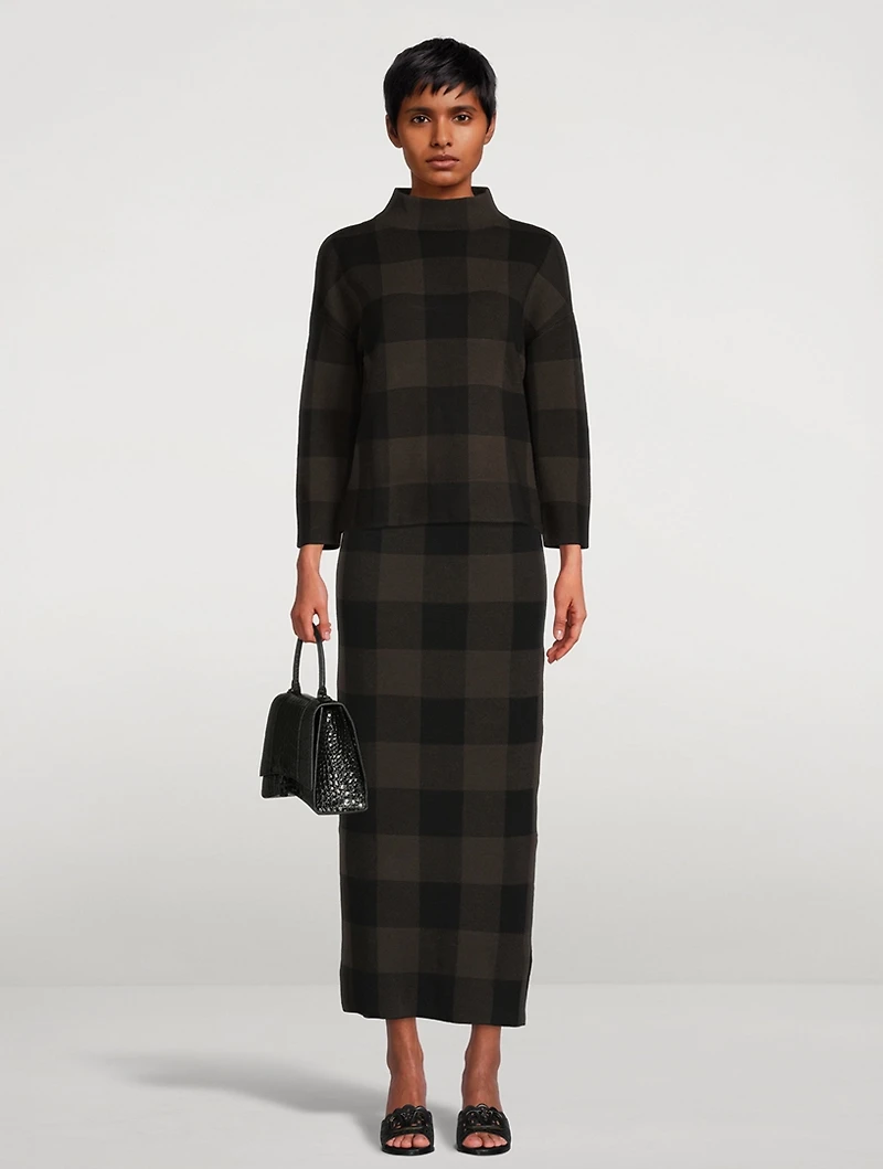 Stretch Virgin Wool Pencil Skirt Checkerboard Print