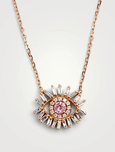 18K Rose Gold Evil Eye Necklace With Pink Sapphire And Diamonds