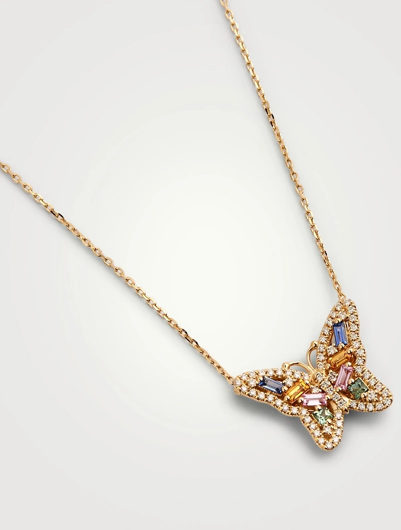 Fireworks 18K Gold Butterfly Pendant Necklace With Sapphire And Diamonds