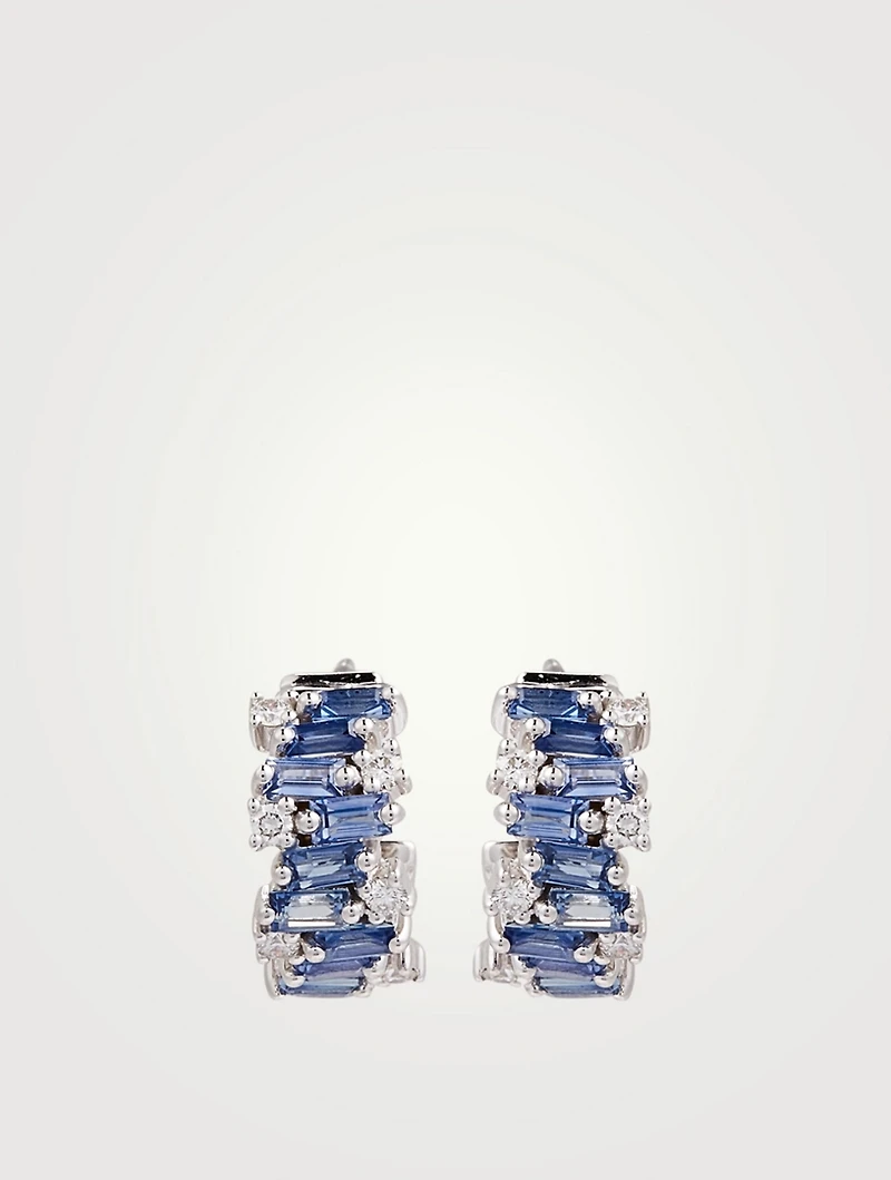 Fireworks 18K White Gold Huggie Hoop Earrings With Blue Sapphires And Diamonds