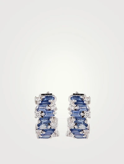 Fireworks 18K White Gold Huggie Hoop Earrings With Blue Sapphires And Diamonds