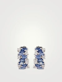 Fireworks 18K White Gold Huggie Hoop Earrings With Blue Sapphires And Diamonds