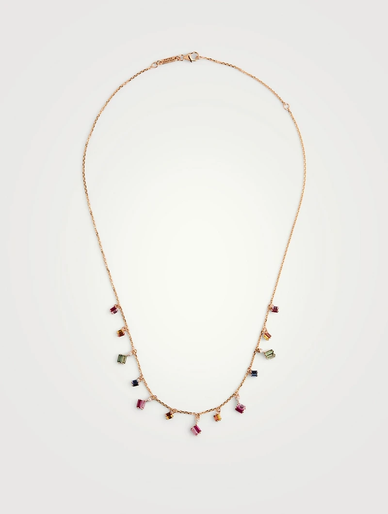 Fireworks 18K Rose Gold Cascade Necklace With Rainbow Sapphires And Diamonds