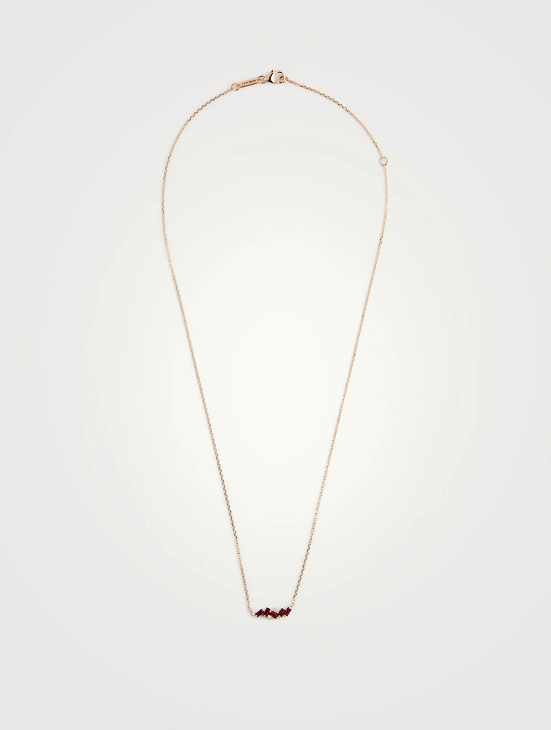 Mini Fireworks 18K Rose Gold Bar Necklace With Rubies And Diamonds