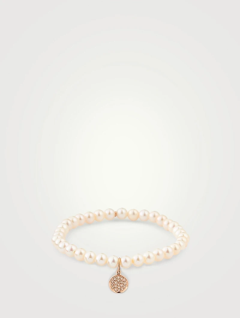 Pearl Beaded Bracelet With 14K Gold Diamond Disc Charm
