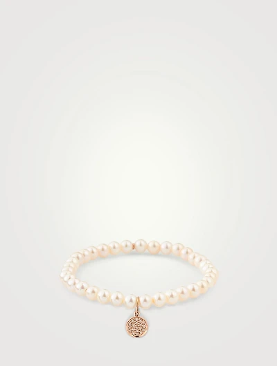 Pearl Beaded Bracelet With 14K Gold Diamond Disc Charm