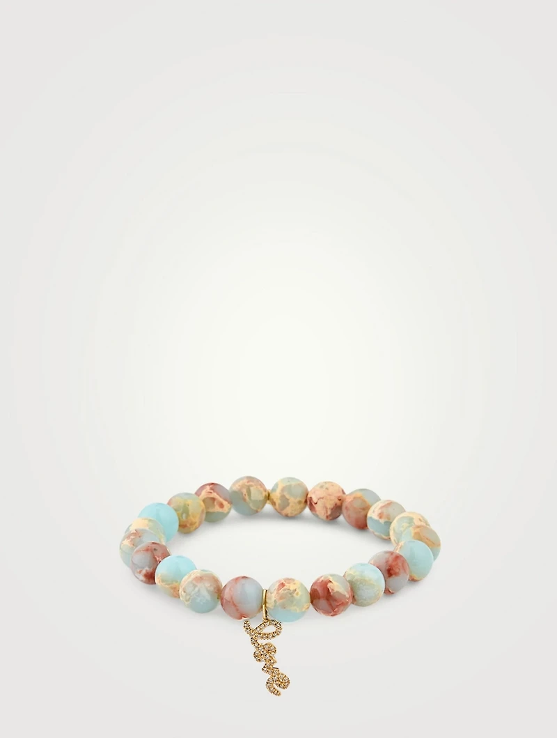 Jasper Beaded Bracelet With 14K Gold Diamond Love Charm