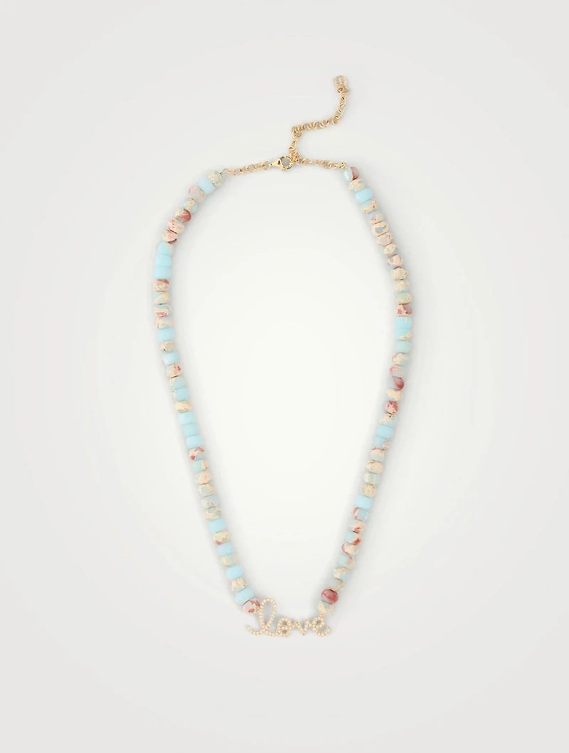 Jasper Beaded Necklace With 14K Gold Diamond Love Charm