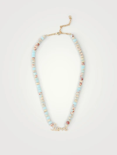 Jasper Beaded Necklace With 14K Gold Diamond Love Charm