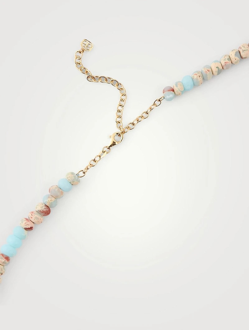 Jasper Beaded Necklace With 14K Gold Diamond Love Charm