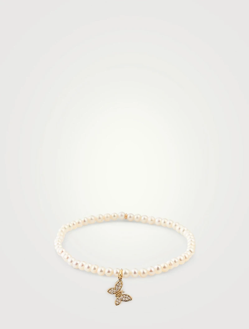 Pearl Bracelet With 14K Gold Diamond Butterfly Charm