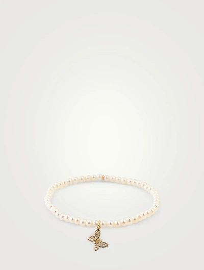 Pearl Bracelet With 14K Gold Diamond Butterfly Charm