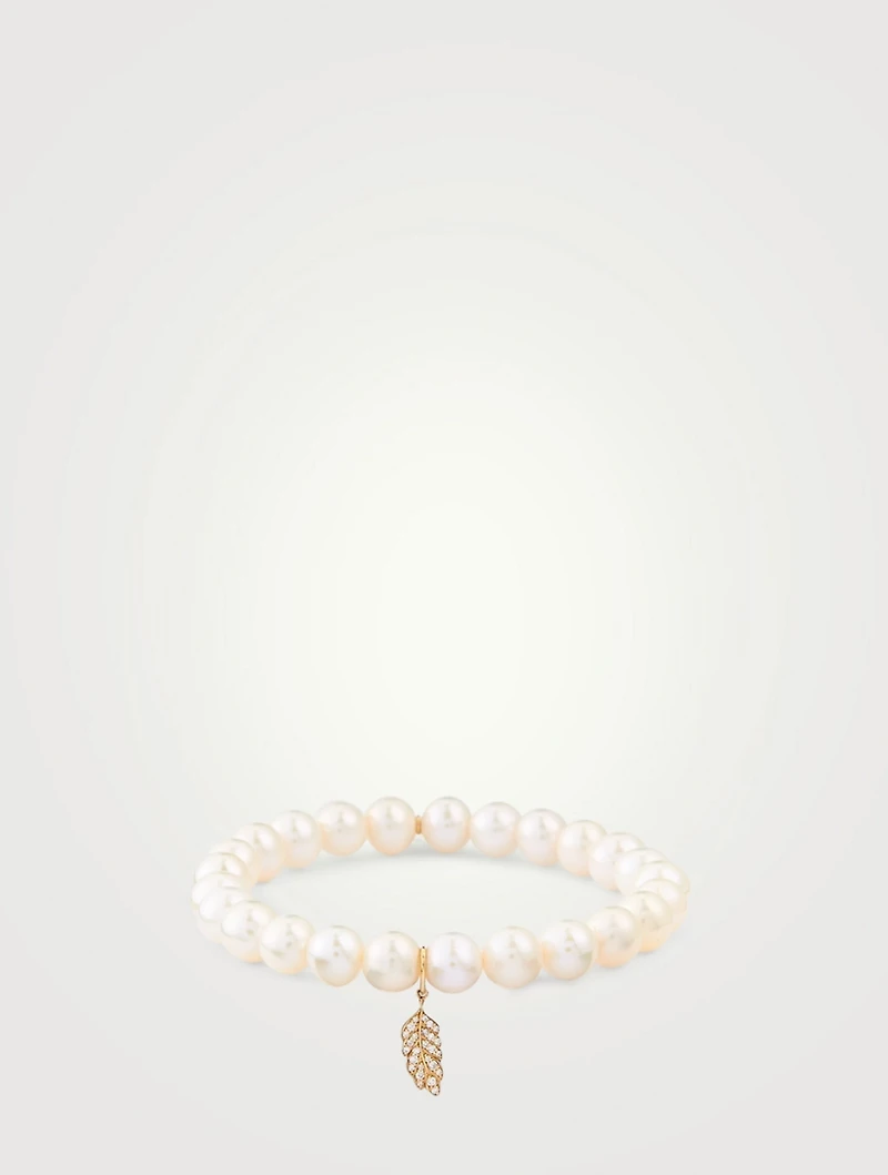 Pearl Bracelet With 14K Gold Diamond Feather Charm
