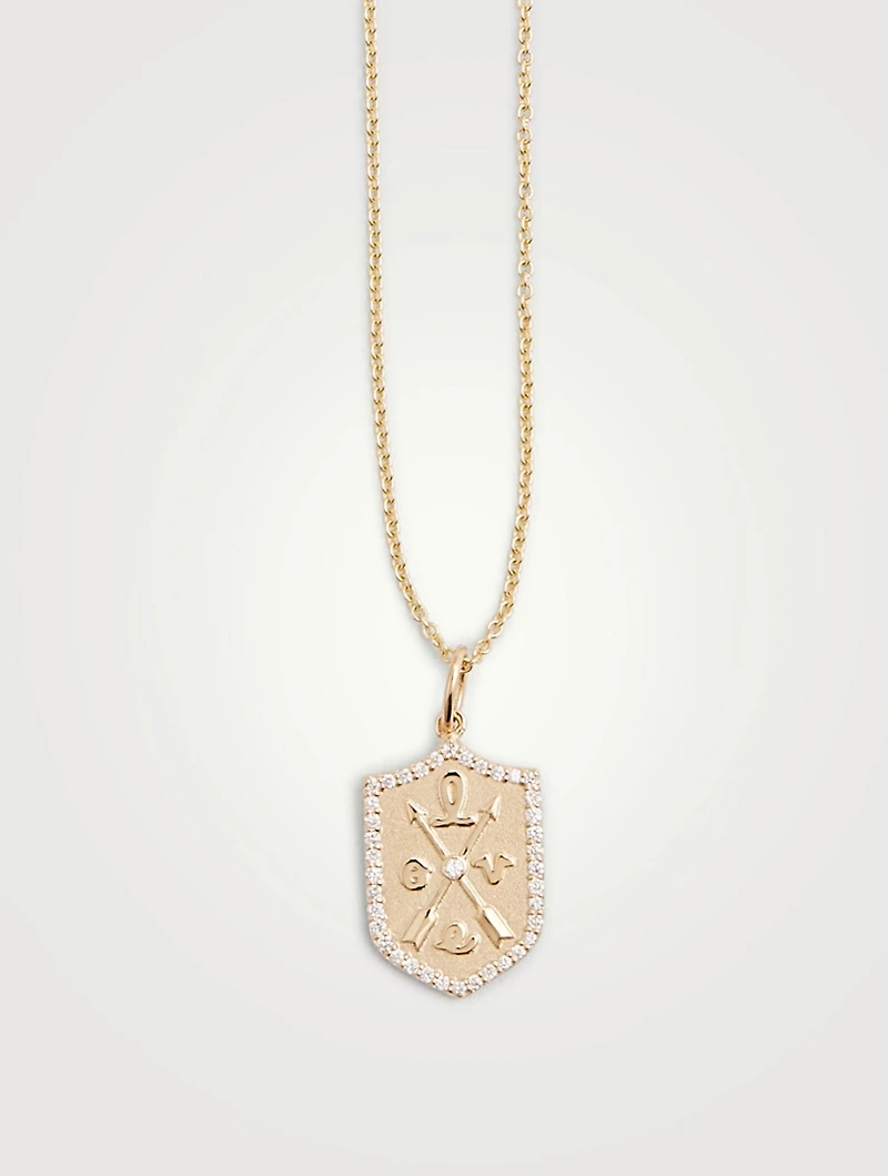14K Gold Love Script Crest Necklace With Diamonds