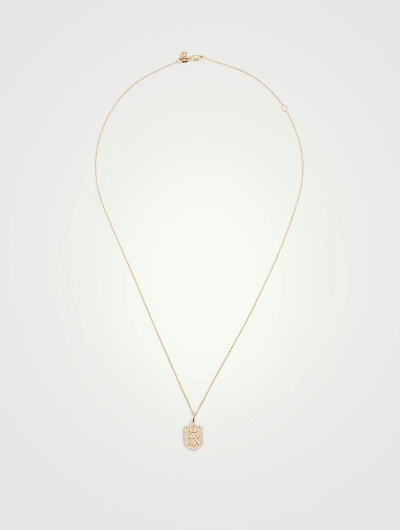 14K Gold Love Script Crest Necklace With Diamonds