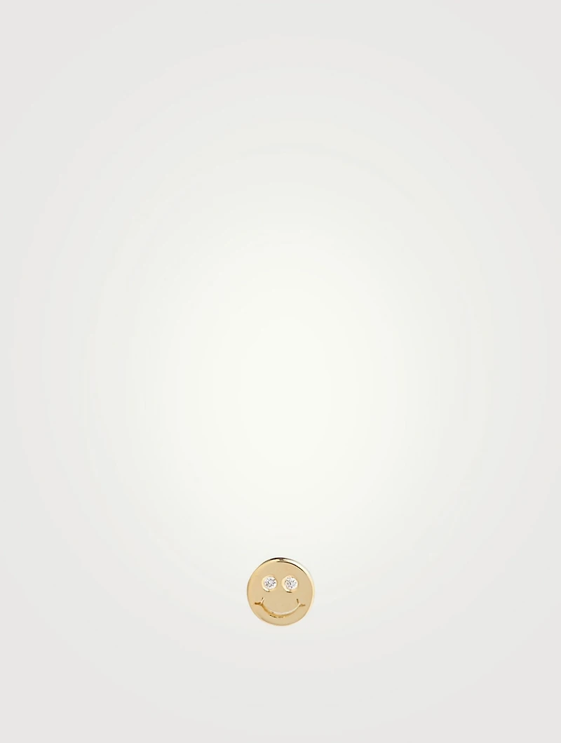 14K Gold Happy Face Stud Earring With Diamonds