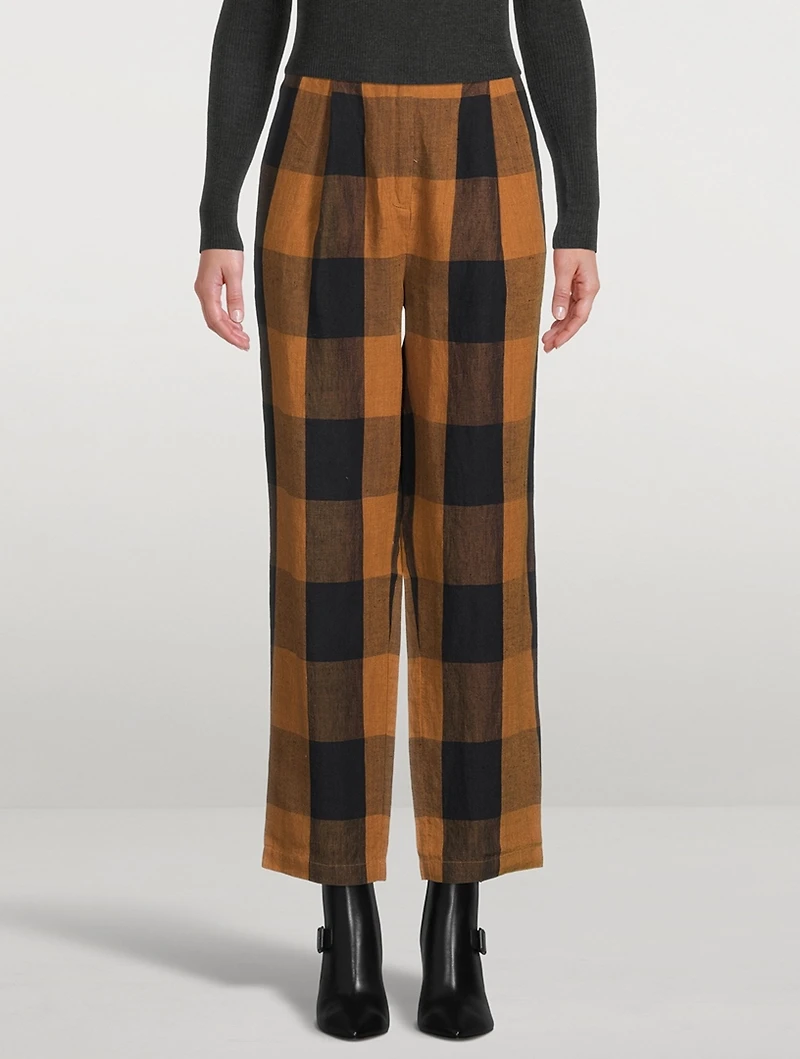 Dita Linen High-Waisted Pants Gingham Print
