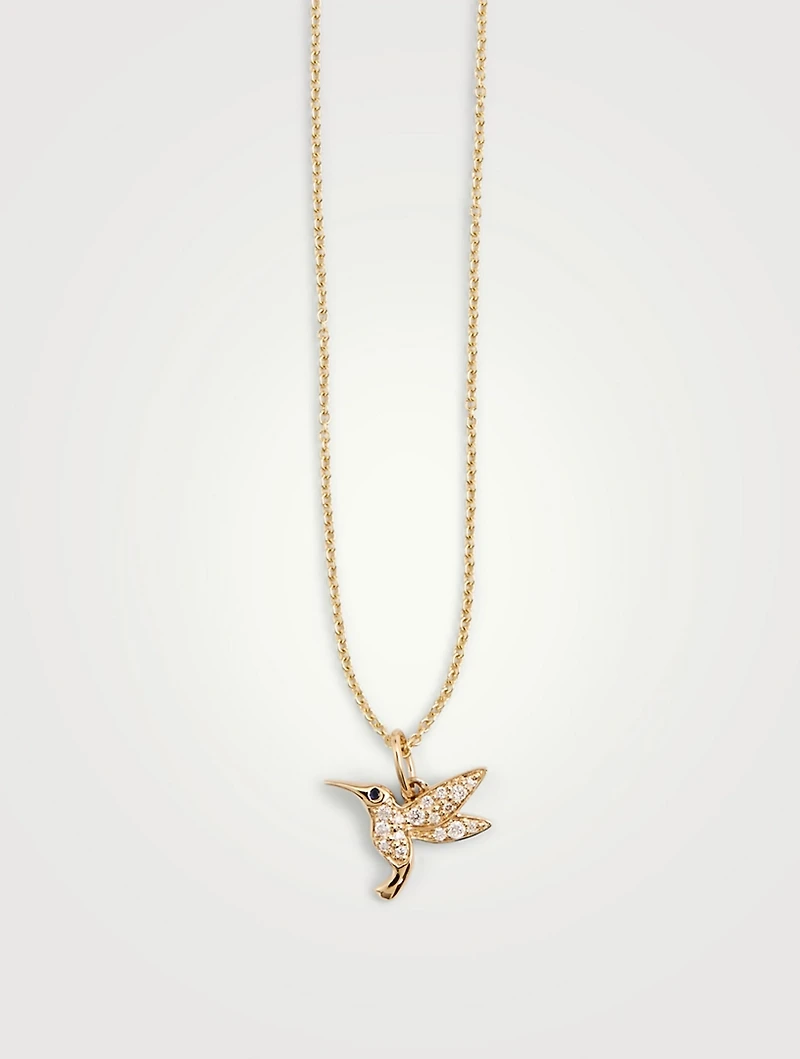 14K Gold Hummingbird Necklace With Diamonds And Sapphire