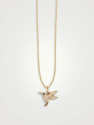 14K Gold Hummingbird Necklace With Diamonds And Sapphire