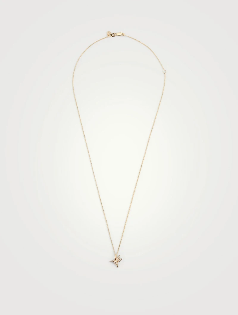 14K Gold Hummingbird Necklace With Diamonds And Sapphire