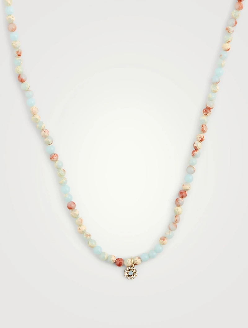 Beaded Jasper Necklace With 14K Rose Gold Diamond Flower Charm