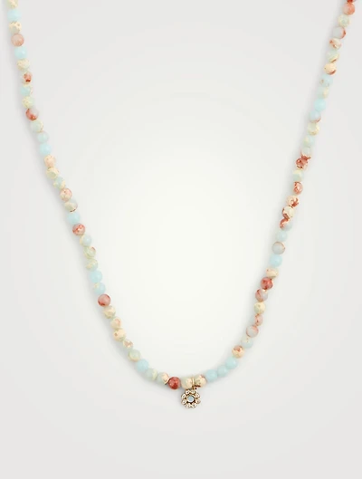 Beaded Jasper Necklace With 14K Rose Gold Diamond Flower Charm