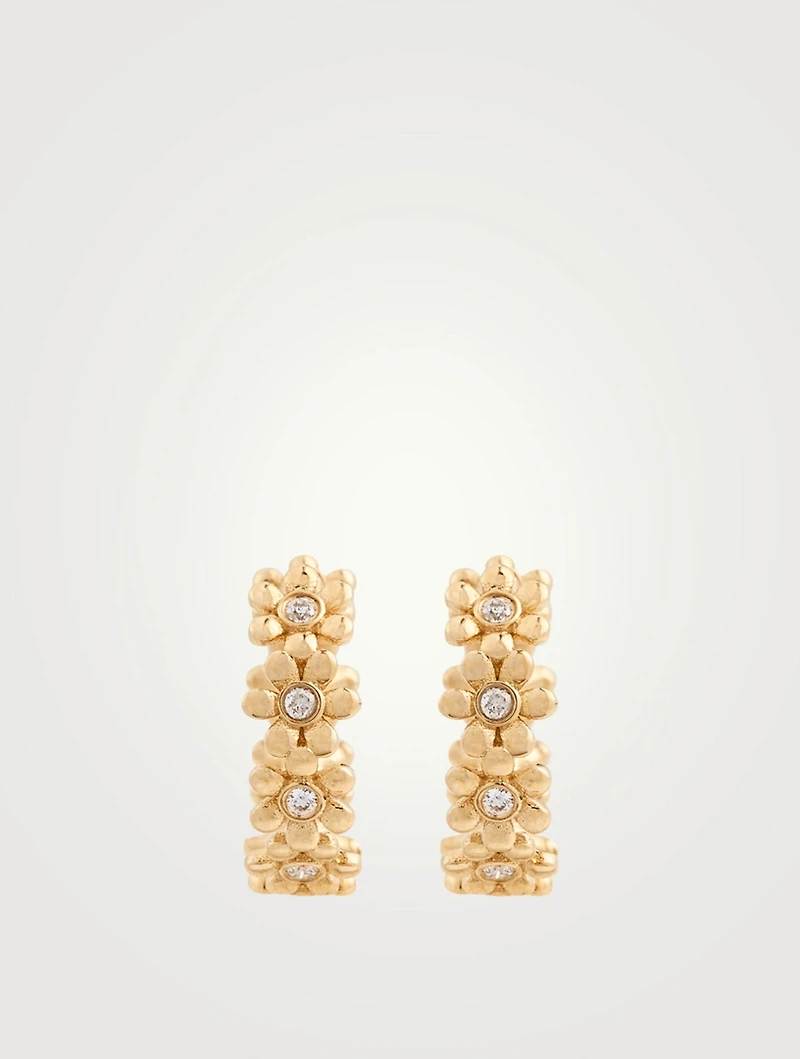 14K Gold Tiny Daisy Link Hoop Earrings With Diamonds