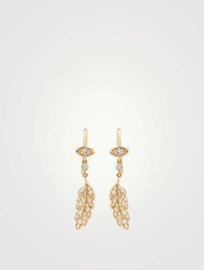 14K Gold Marquis Evil Eye Feather Drop Earrings
