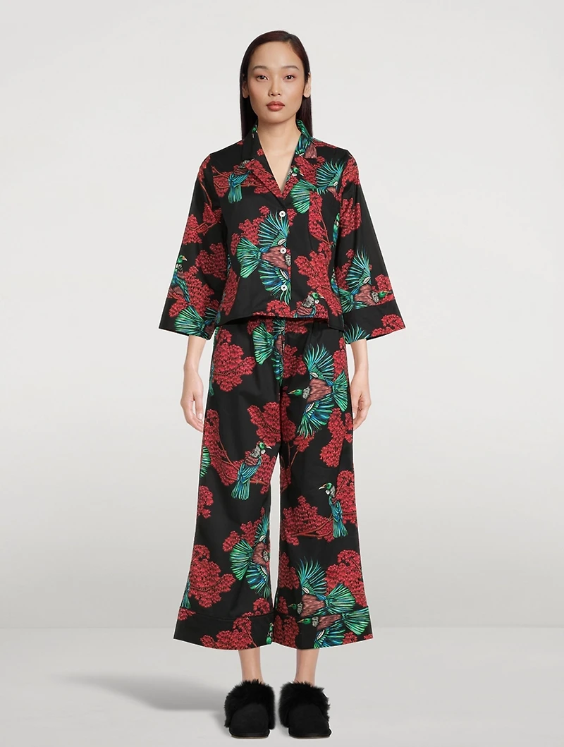 Boxy Shirt Cotton Pajama Set Passerine Print