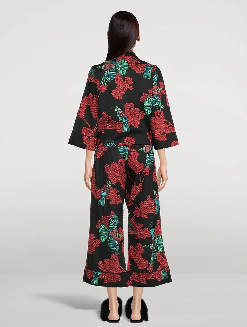 Boxy Shirt Cotton Pajama Set Passerine Print