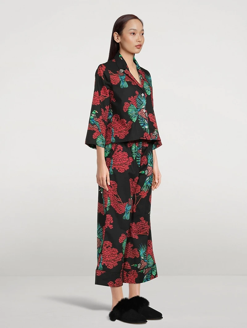 Boxy Shirt Cotton Pajama Set Passerine Print