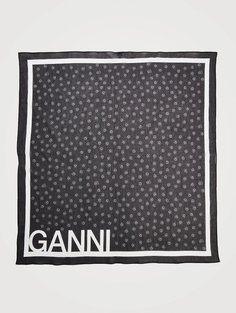 Cotton Voile Square Scarf In Smiley Logo Print