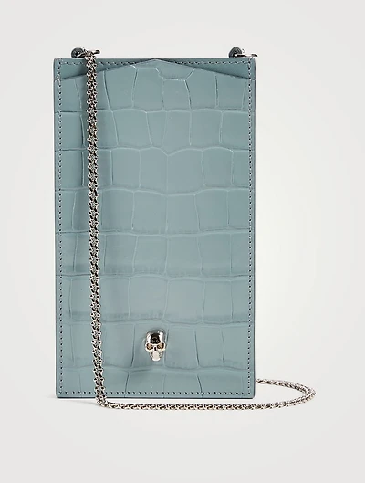 Croc-Embossed Leather Chain Phone Bag