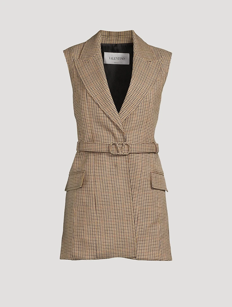 Belted Virgin Wool Vest Houndstooth Print